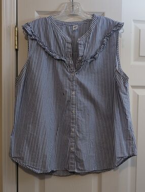 Old Navy Blue and White Striped Ruffle Button Front Top